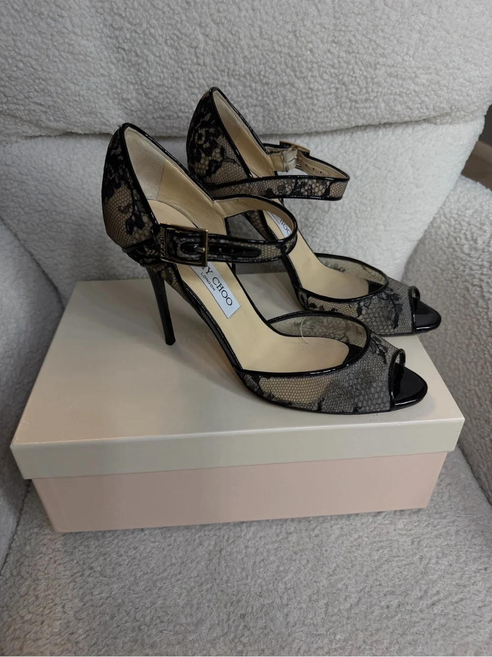 Jimmy Choo Black Lace Peep-Toe Heel with Ankle Strap size EU 38.5